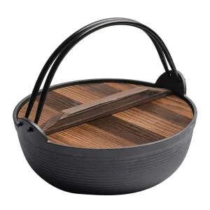 29cm Cast Iron Sukiyaki Iron Pot | Japanese Shabu Shabu Pot | Pan | Stockpot | Wooden Lid | Home Camping Picnic