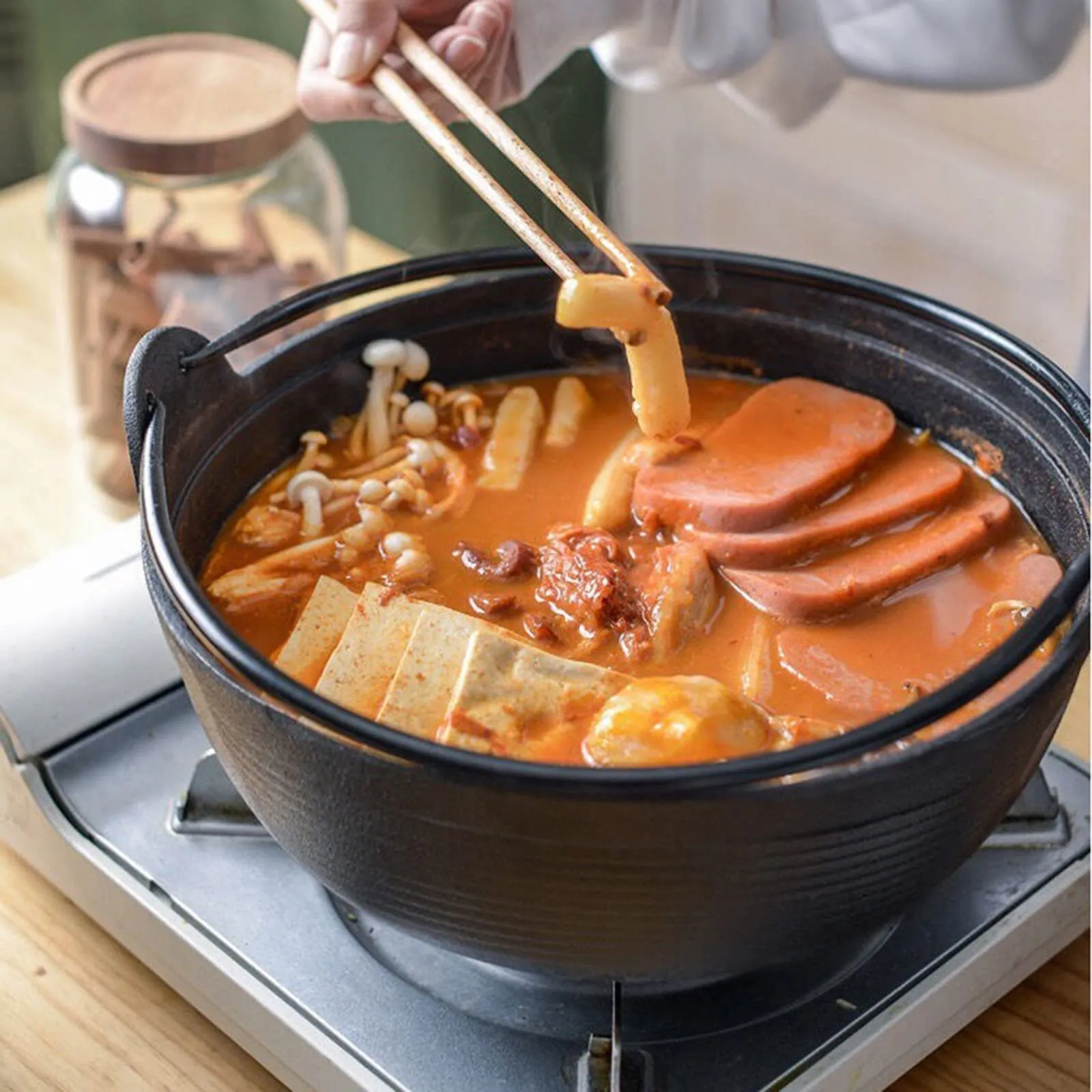 29cm Cast Iron Sukiyaki Iron Pot | Japanese Shabu Shabu Pot | Pan | Stockpot | Wooden Lid | Home Camping Picnic