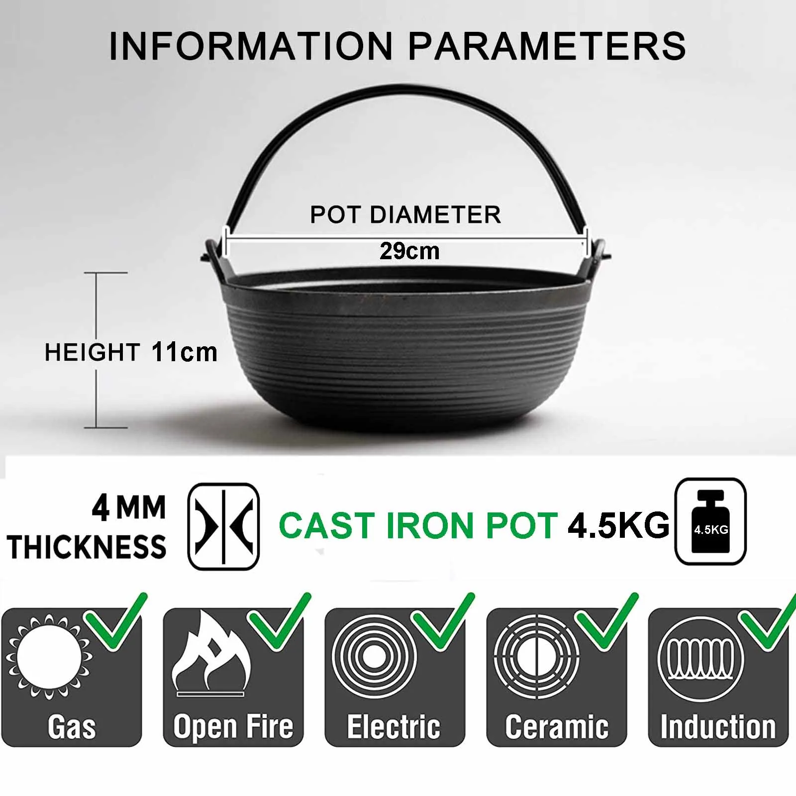 29cm Cast Iron Sukiyaki Iron Pot | Japanese Shabu Shabu Pot | Pan | Stockpot | Wooden Lid | Home Camping Picnic