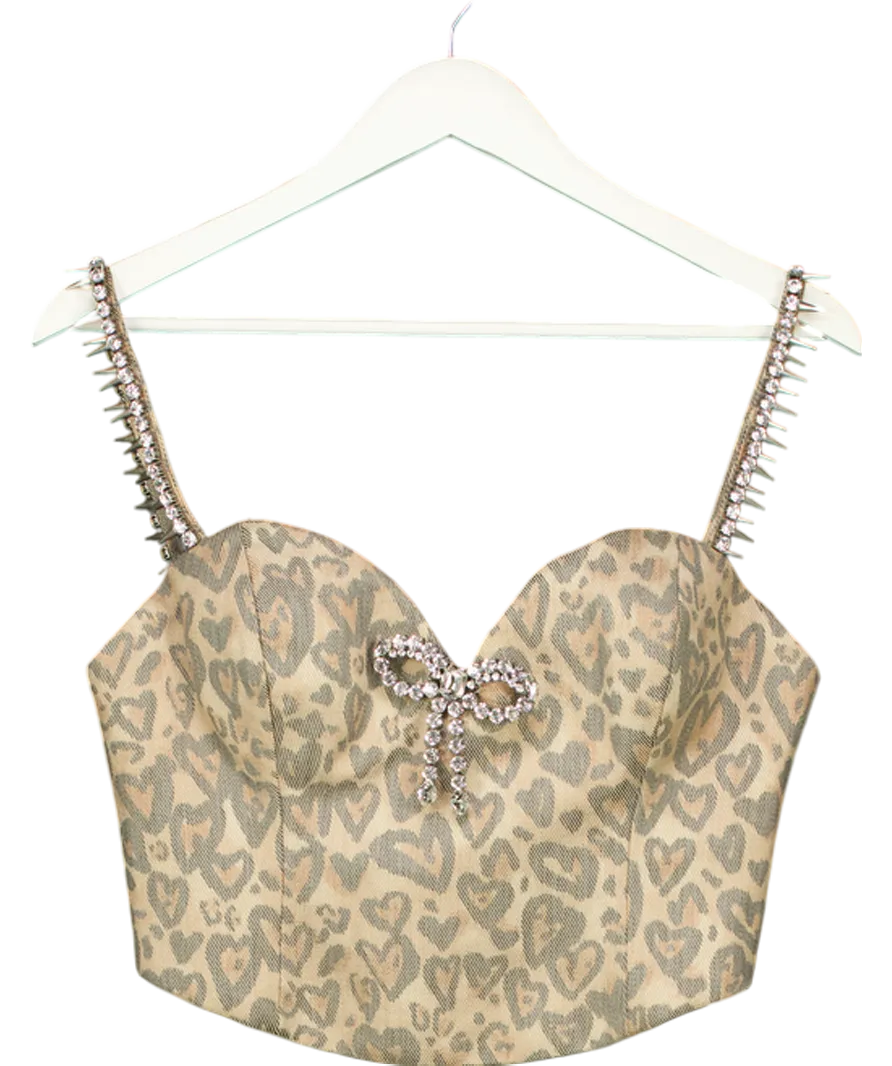 AREA Brown Heart Leopard Crystal  Bow Trim Bustier Top UK 8