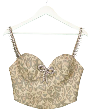 AREA Brown Heart Leopard Crystal  Bow Trim Bustier Top UK 8