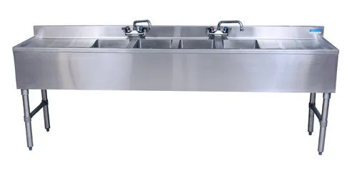 BK Resources UB4-18-496TS Four Compartment 96" Slim-Line Underbar Sink with Two Drainboards