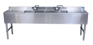BK Resources UB4-18-496TS Four Compartment 96" Slim-Line Underbar Sink with Two Drainboards