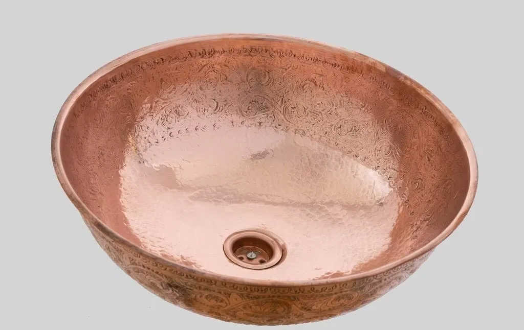 Copper Bathroom Sink, Vessel Sink, Bowl Sink, Hand Hammered and Engraved