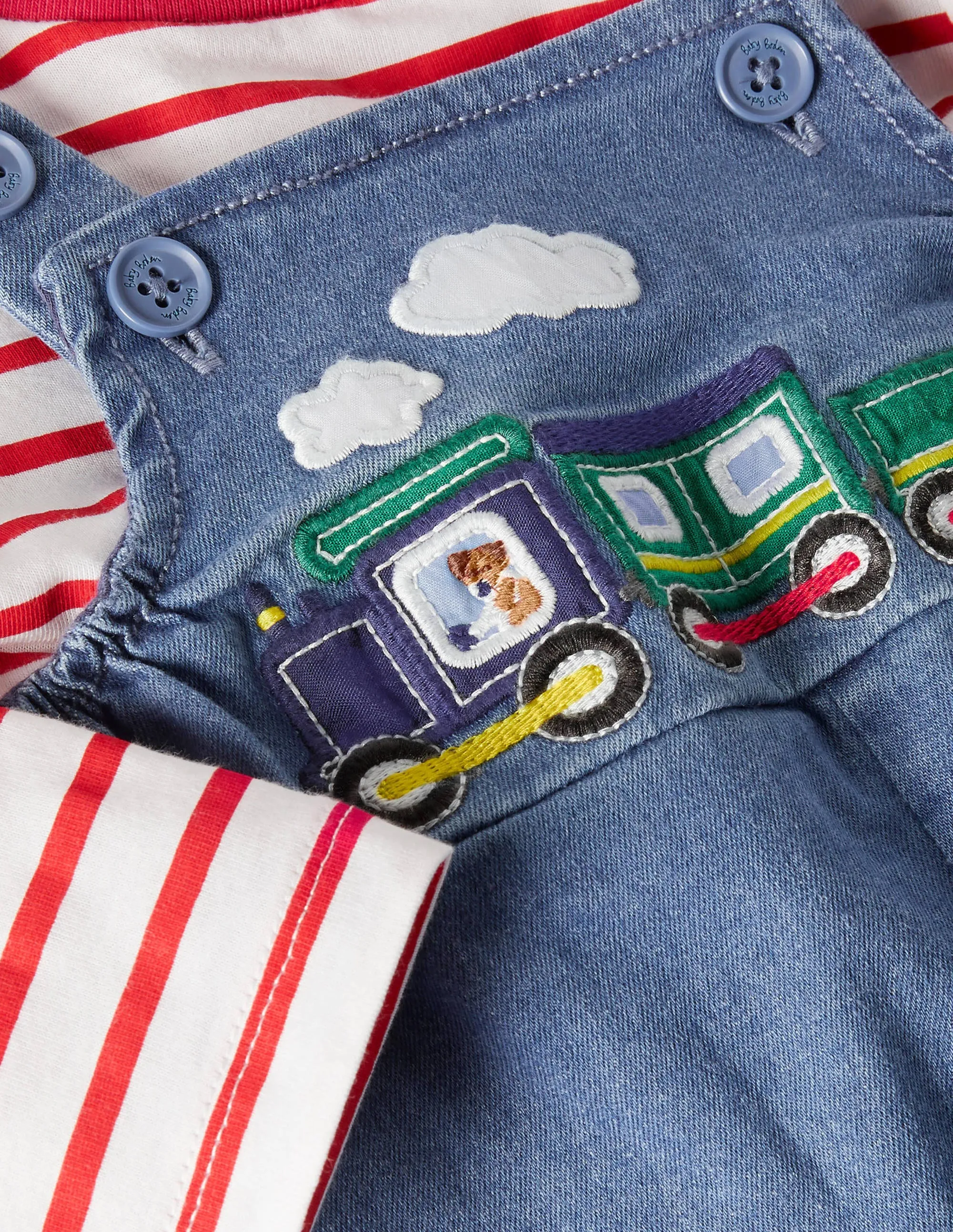Fun Dungaree Set-Chambray Denim Trains