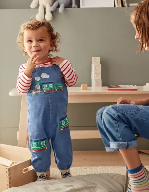 Fun Dungaree Set-Chambray Denim Trains