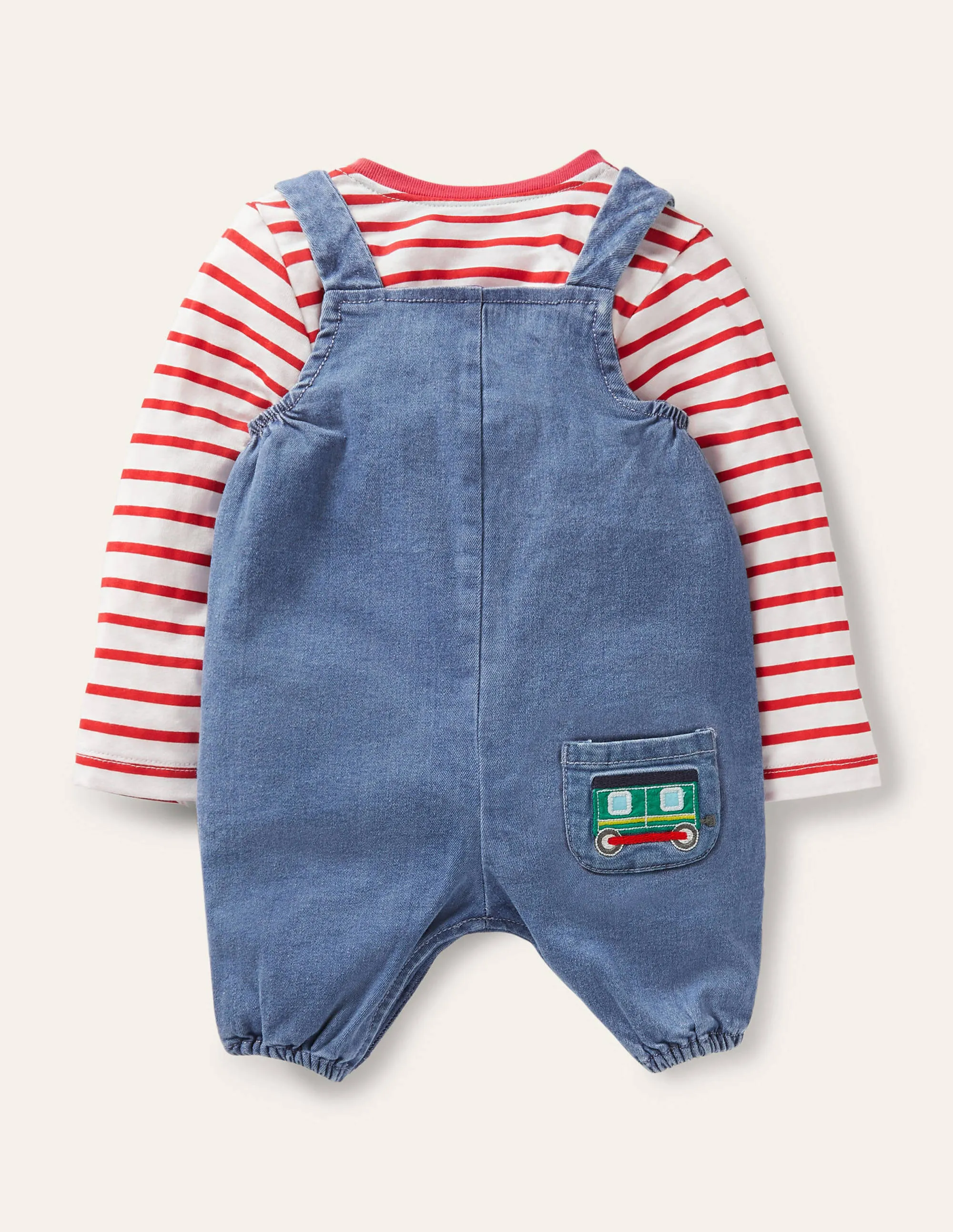 Fun Dungaree Set-Chambray Denim Trains