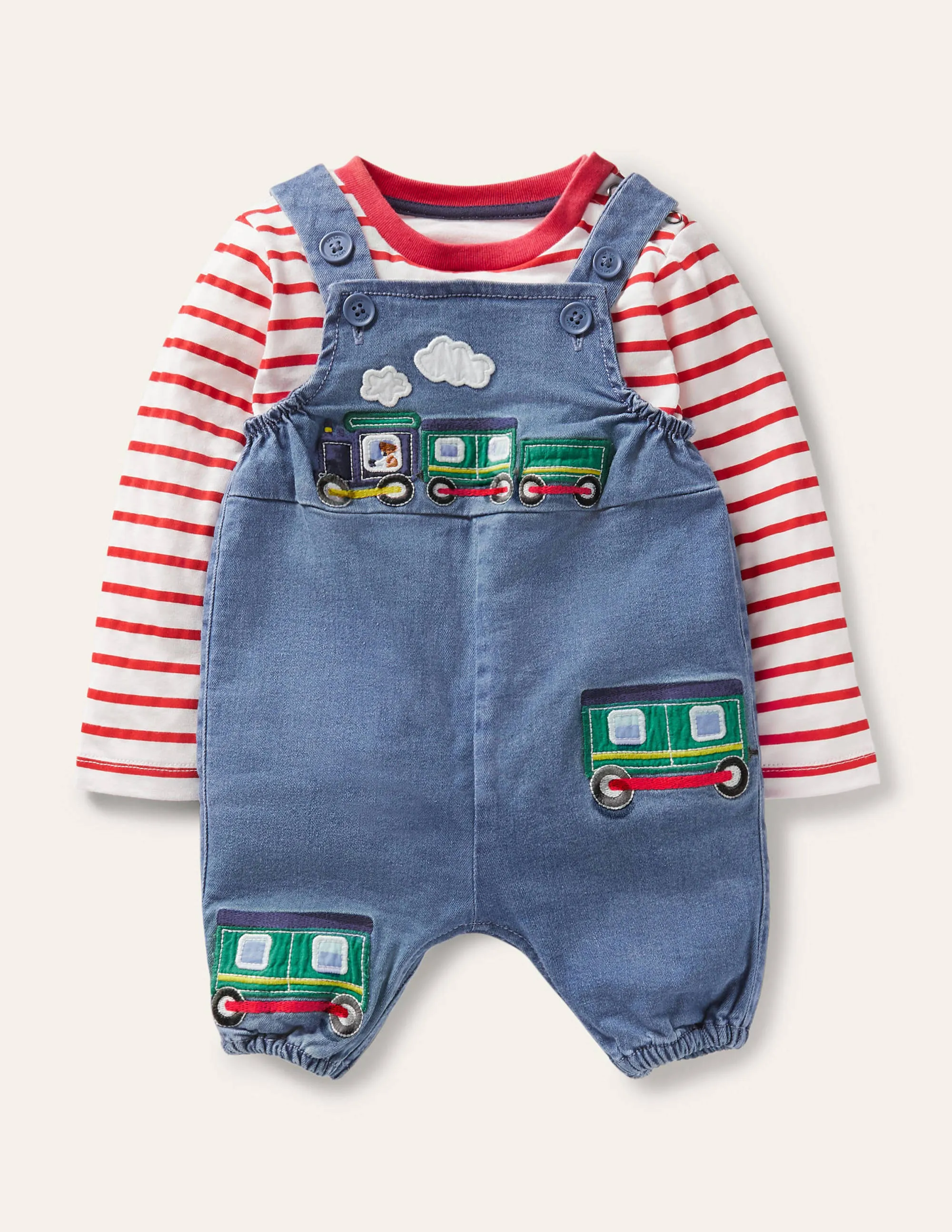 Fun Dungaree Set-Chambray Denim Trains