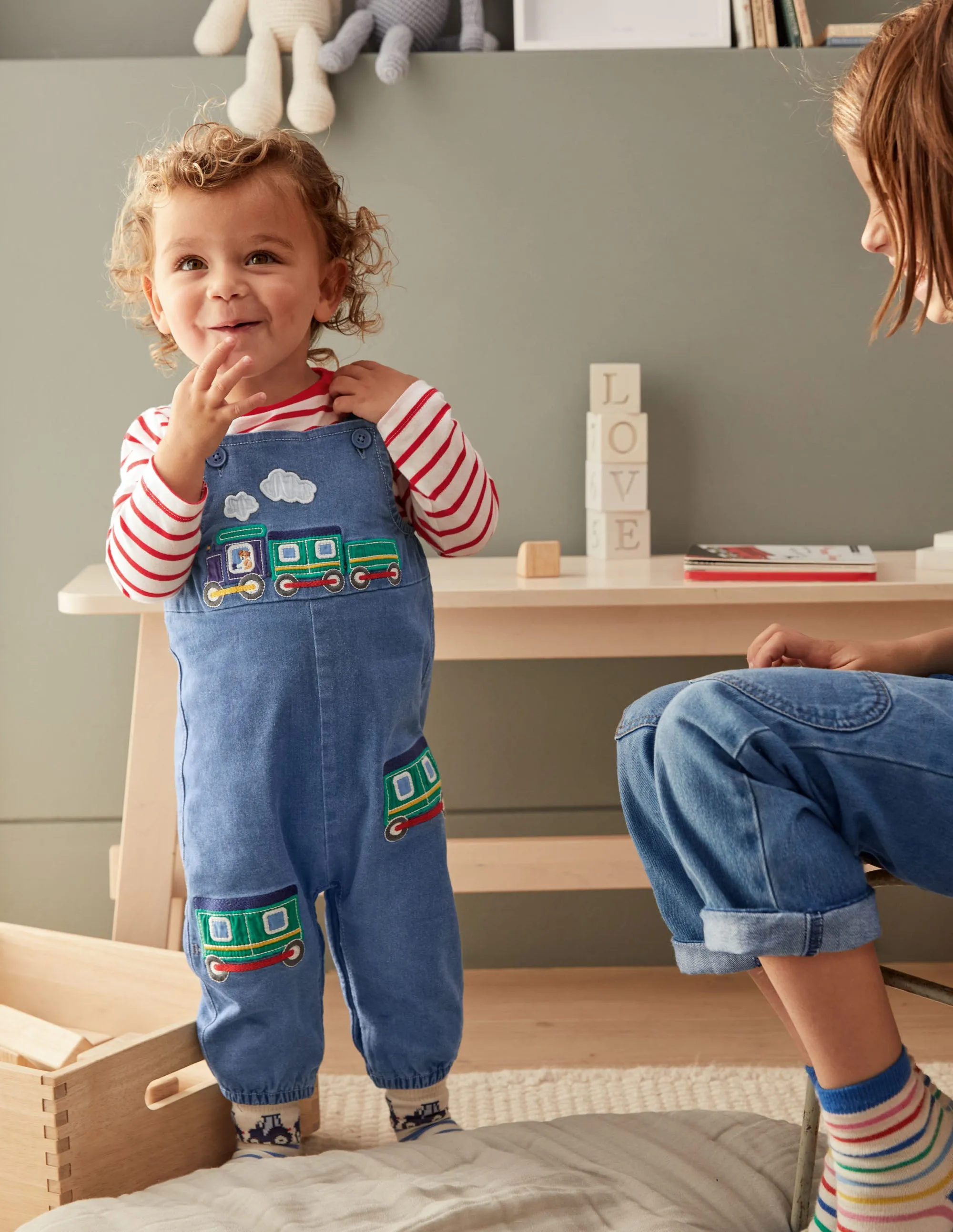 Fun Dungaree Set-Chambray Denim Trains