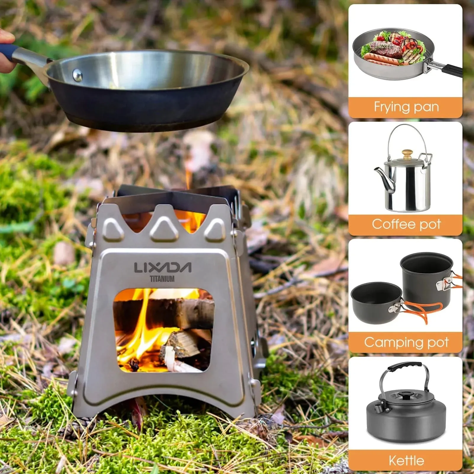 Lixada Compact Folding Titanium Wood Stove Outdoor Camping Stove Cooking Picnic Stove Portable Wood Furnace Burners