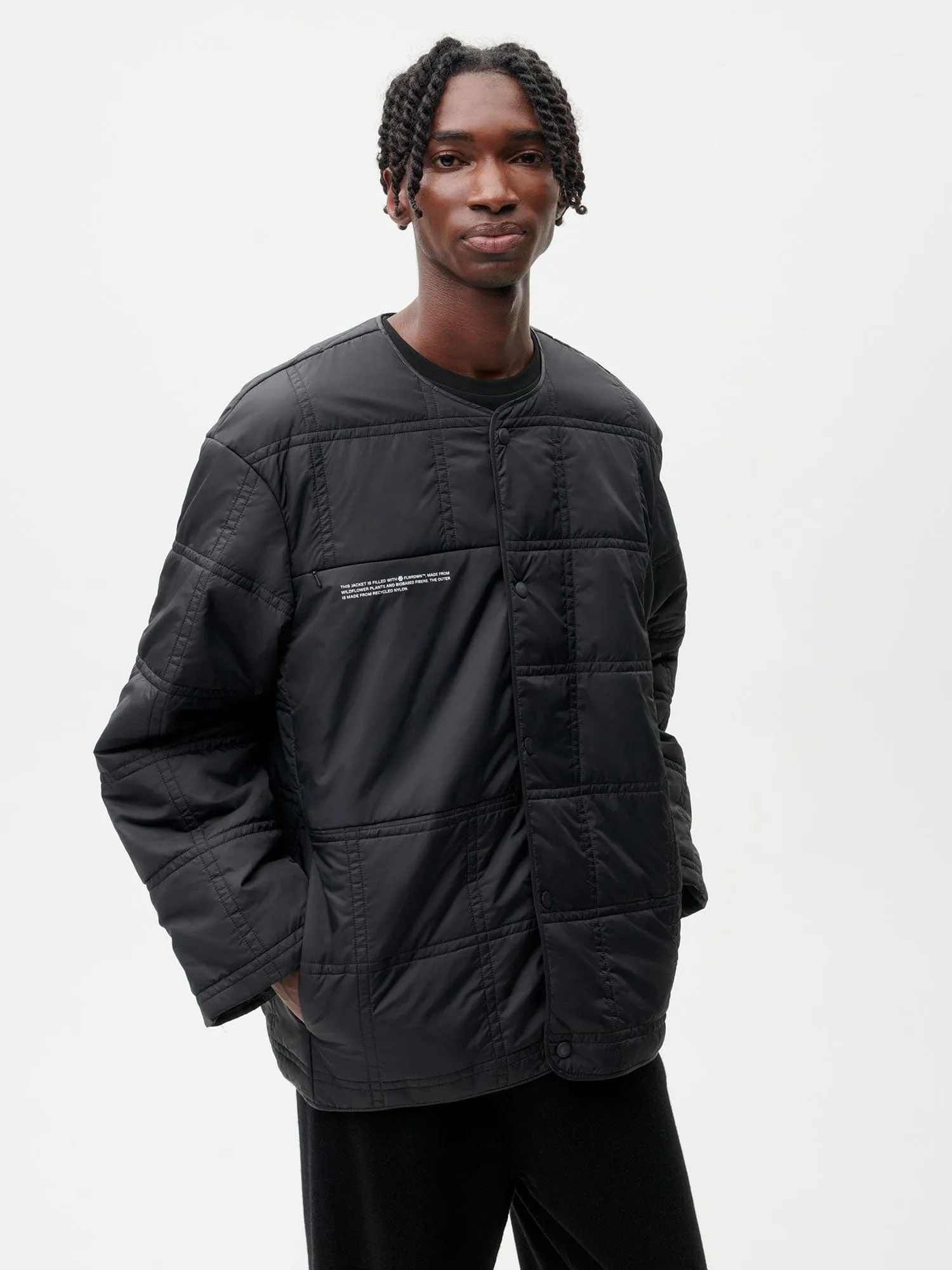 Mens Flower-Warmth Quilted Collarless Jacket black