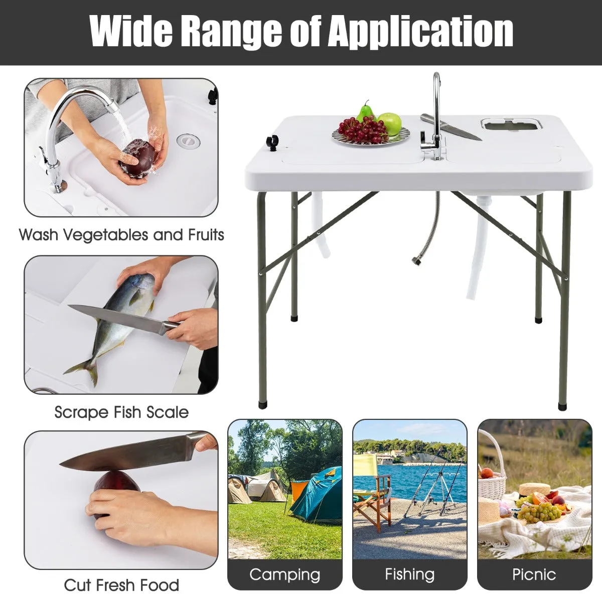 NNECW Folding Fish Fillet Station with 2 Built-in Sinks for Camping