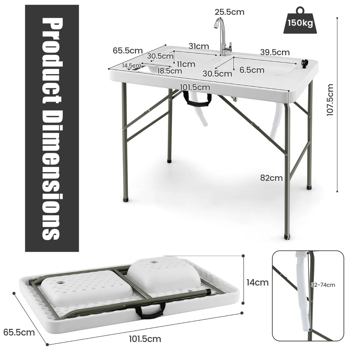 NNECW Folding Fish Fillet Station with 2 Built-in Sinks for Camping